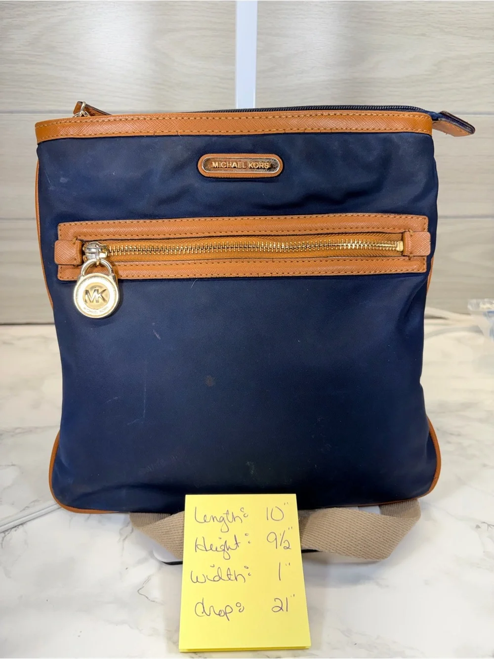 Michael Kors Navy Crossbody with Tan Trim and Gold Accents